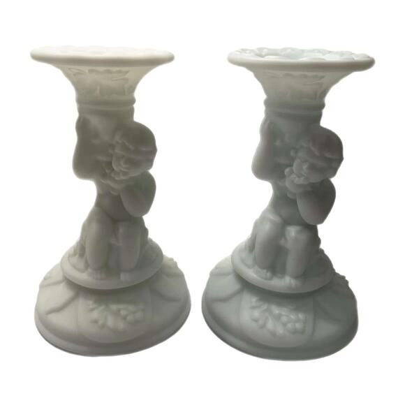 Set of 2 Vintage Imperial Glass Cherub Grape White Milk Glass Candle Holder